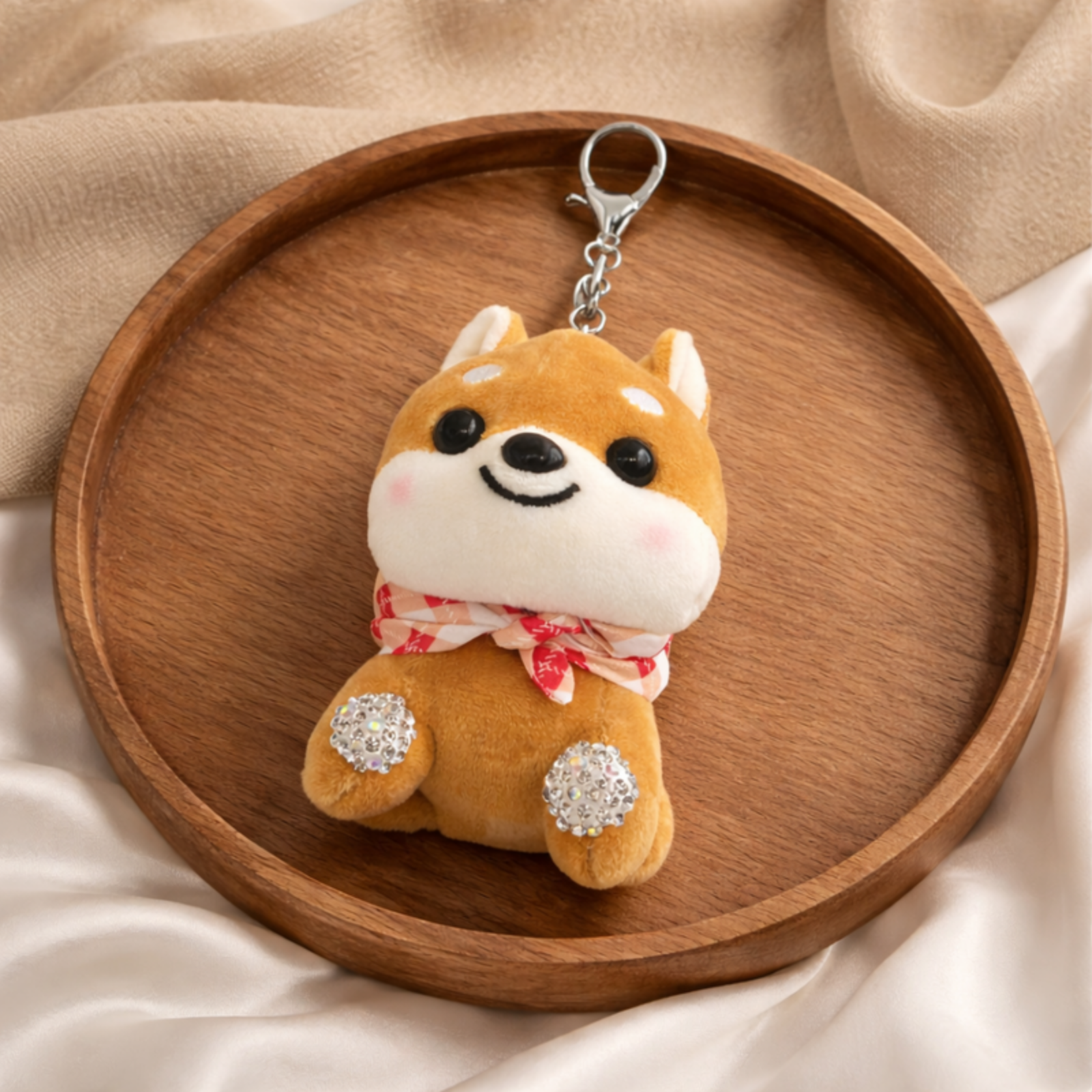 Brown Shiba Inu Plush Bag Charm with Crystal Paw & Scarf