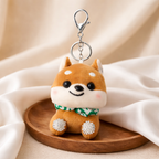 Brown Shiba Inu Plush Bag Charm with Crystal Paw & Scarf