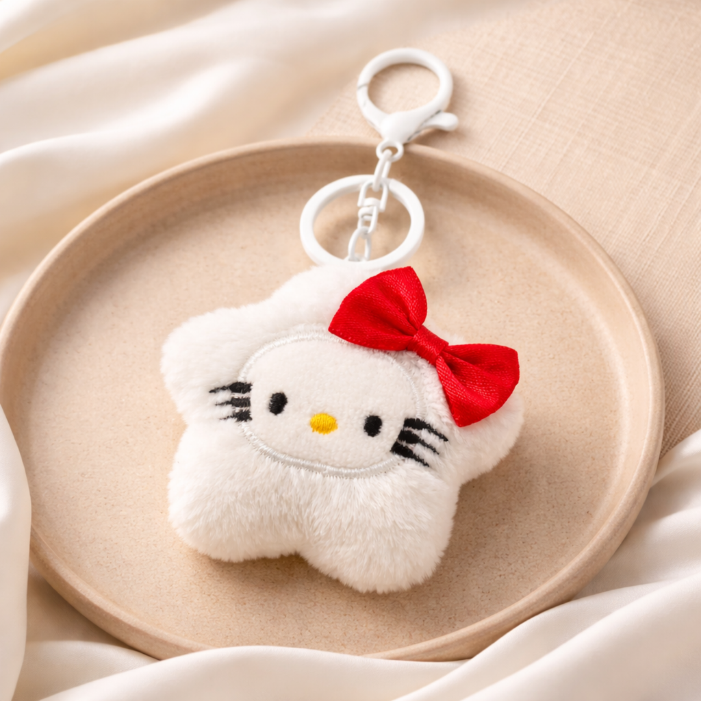 White Cat Plush Bag Charm with Red Bow