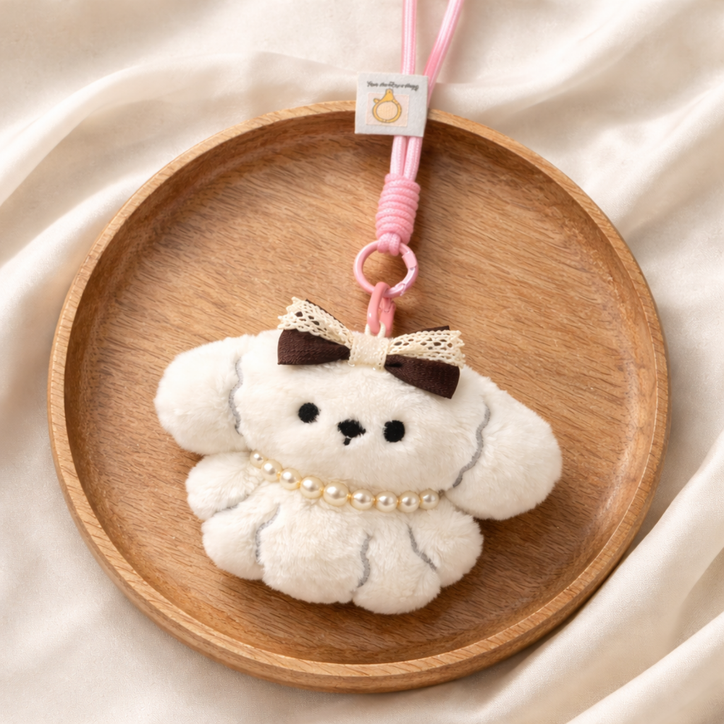 White Puppy Plush Bag Charm with Bow & Necklace Detail