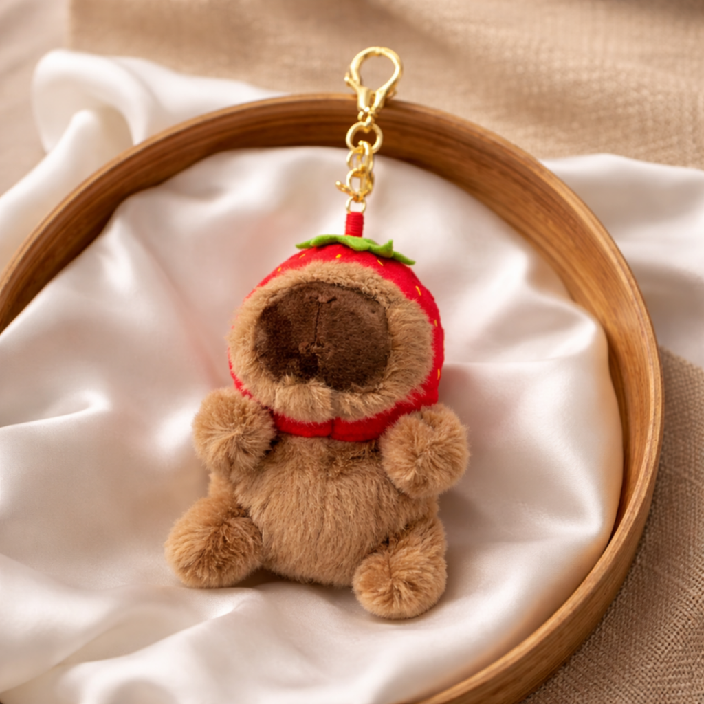 Brown Capybara Plush Bag Charm with Strawberry Hoodie