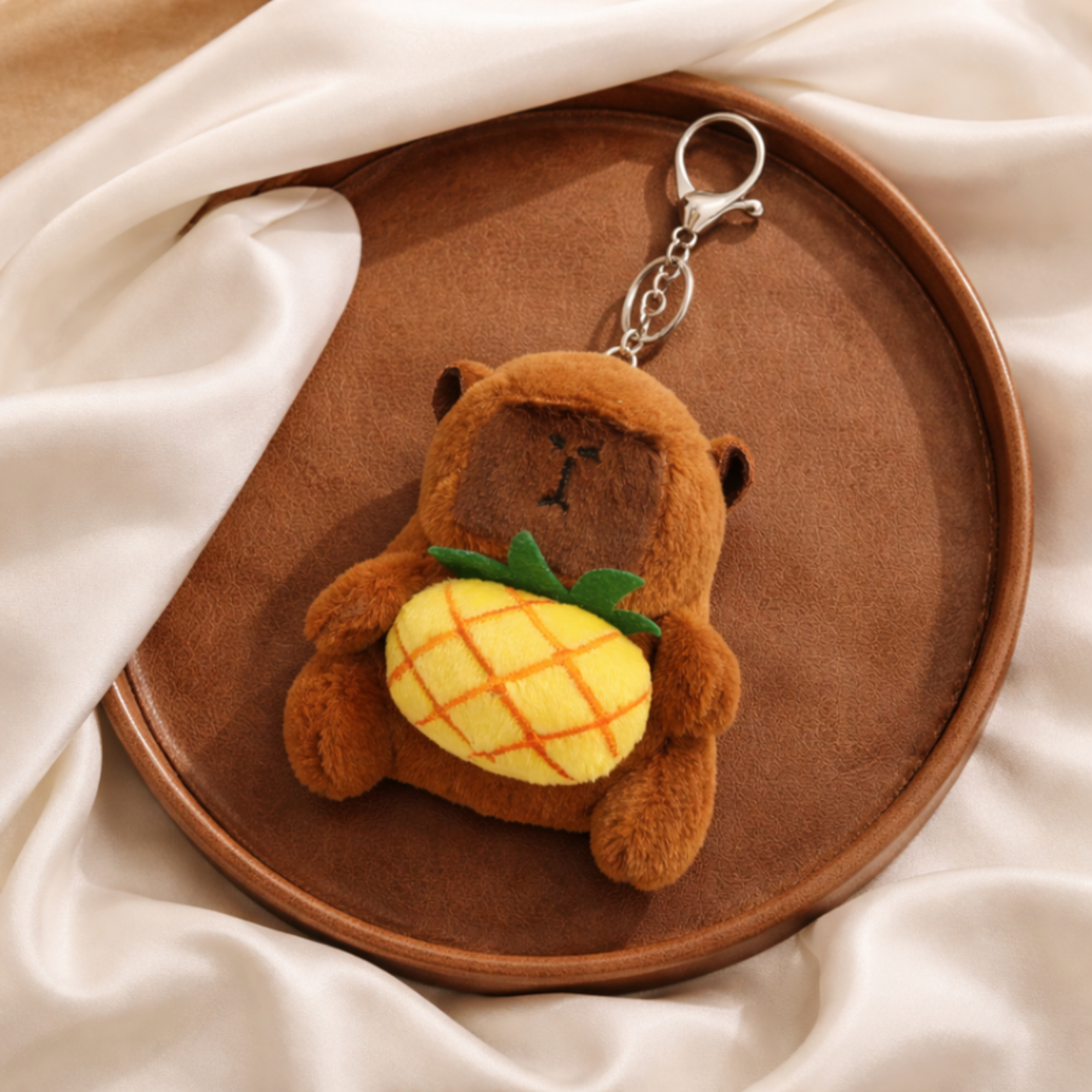 Brown Capybara Plush Bag Charm with Pineapple