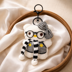 White Cat Plush Bag Charm with a Bow, Glasses & Scarf