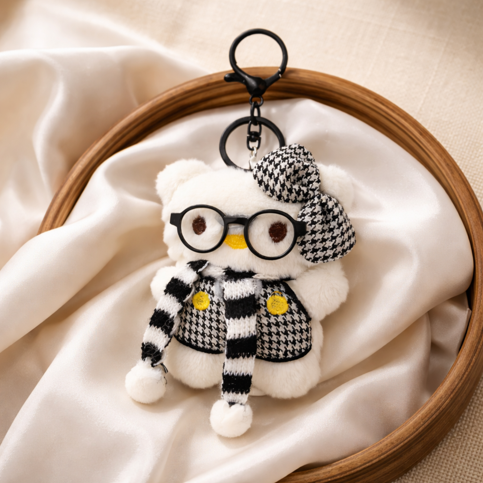 White Cat Plush Bag Charm with a Bow, Glasses & Scarf