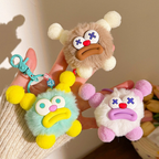 Brown Fluffy Plush Monster Keychain with Yellow Ears & Red Nose