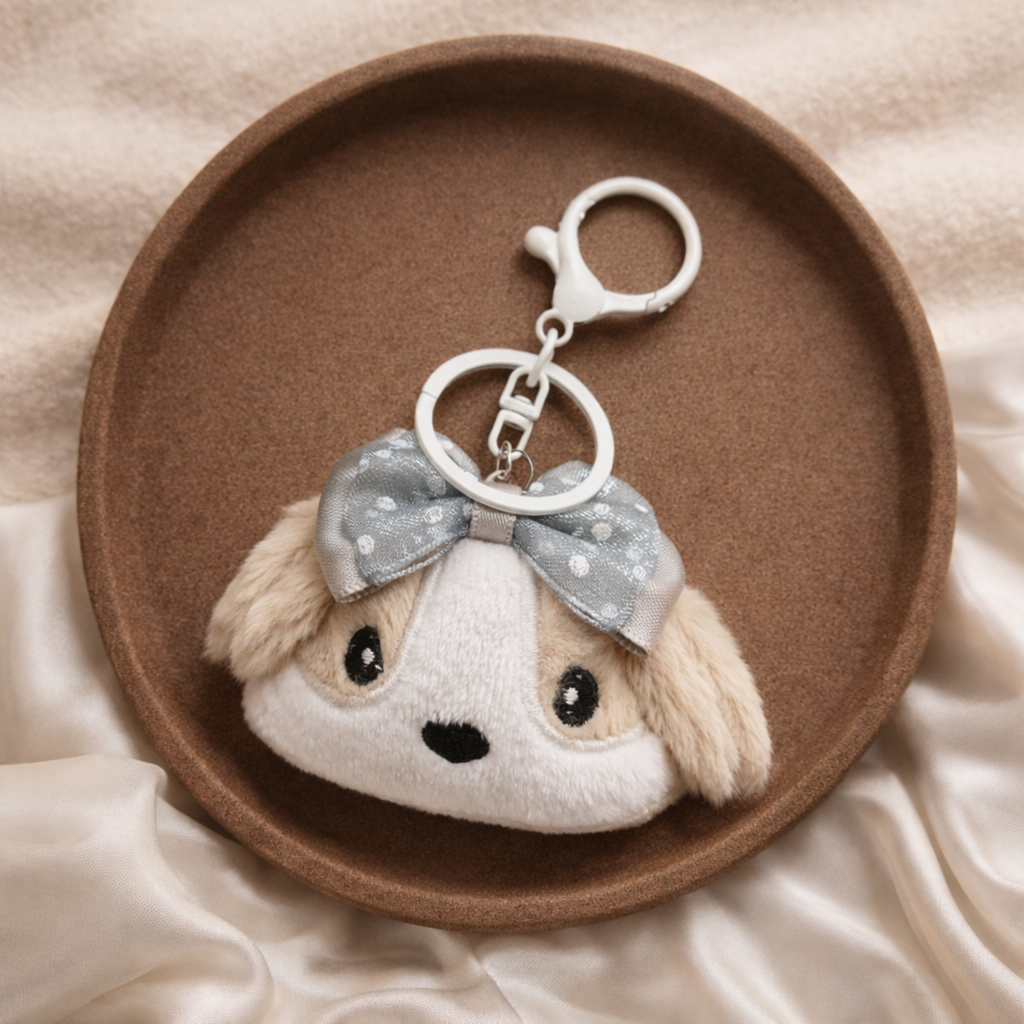 Beige White Puppy Plush Bag Charm with Polka Dot Bow