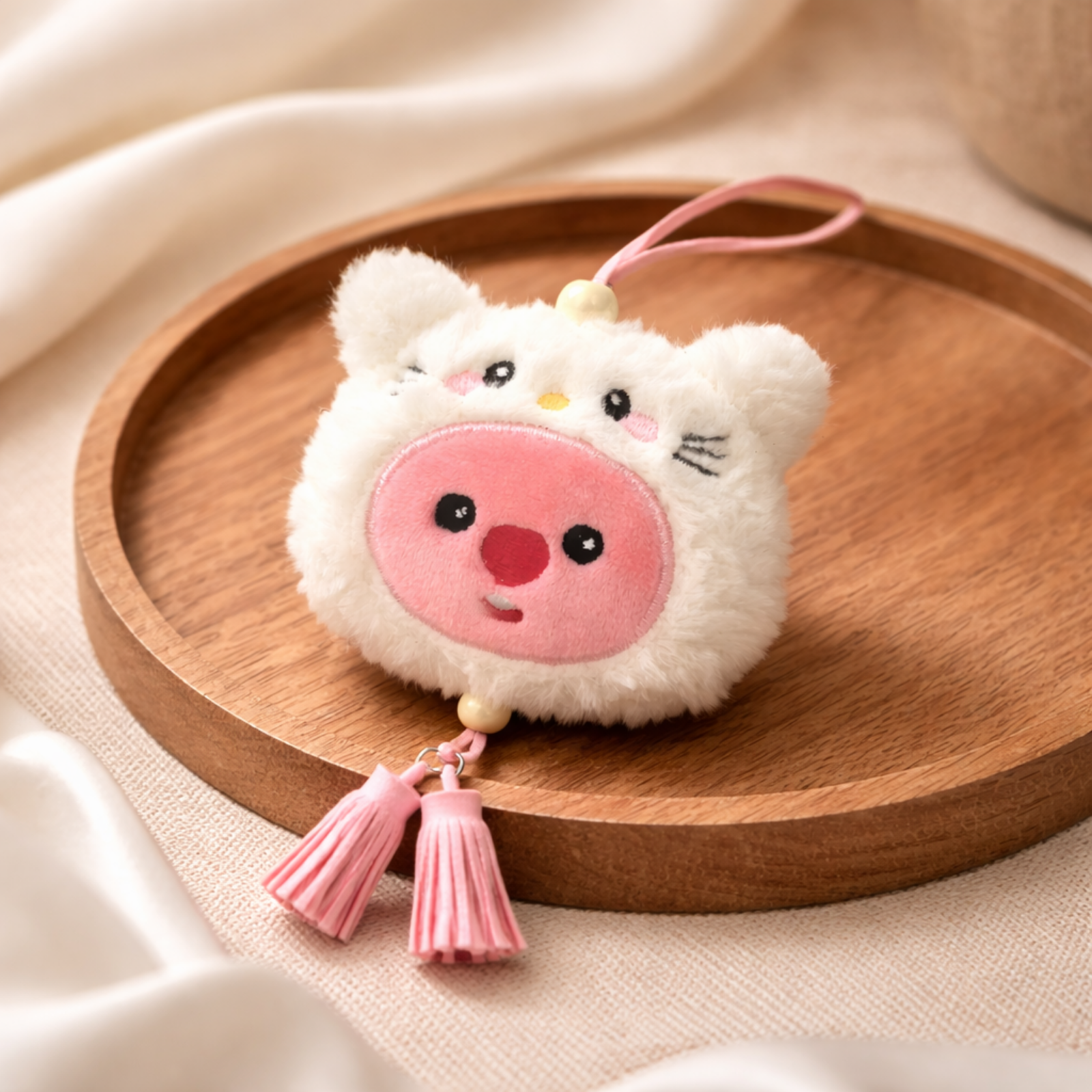 Bear & Pig Plush Bag Charm with Pink Strap & Tassels