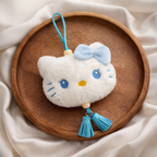 White Kitty Plush Bag Charm with Blue Bow & Tassels