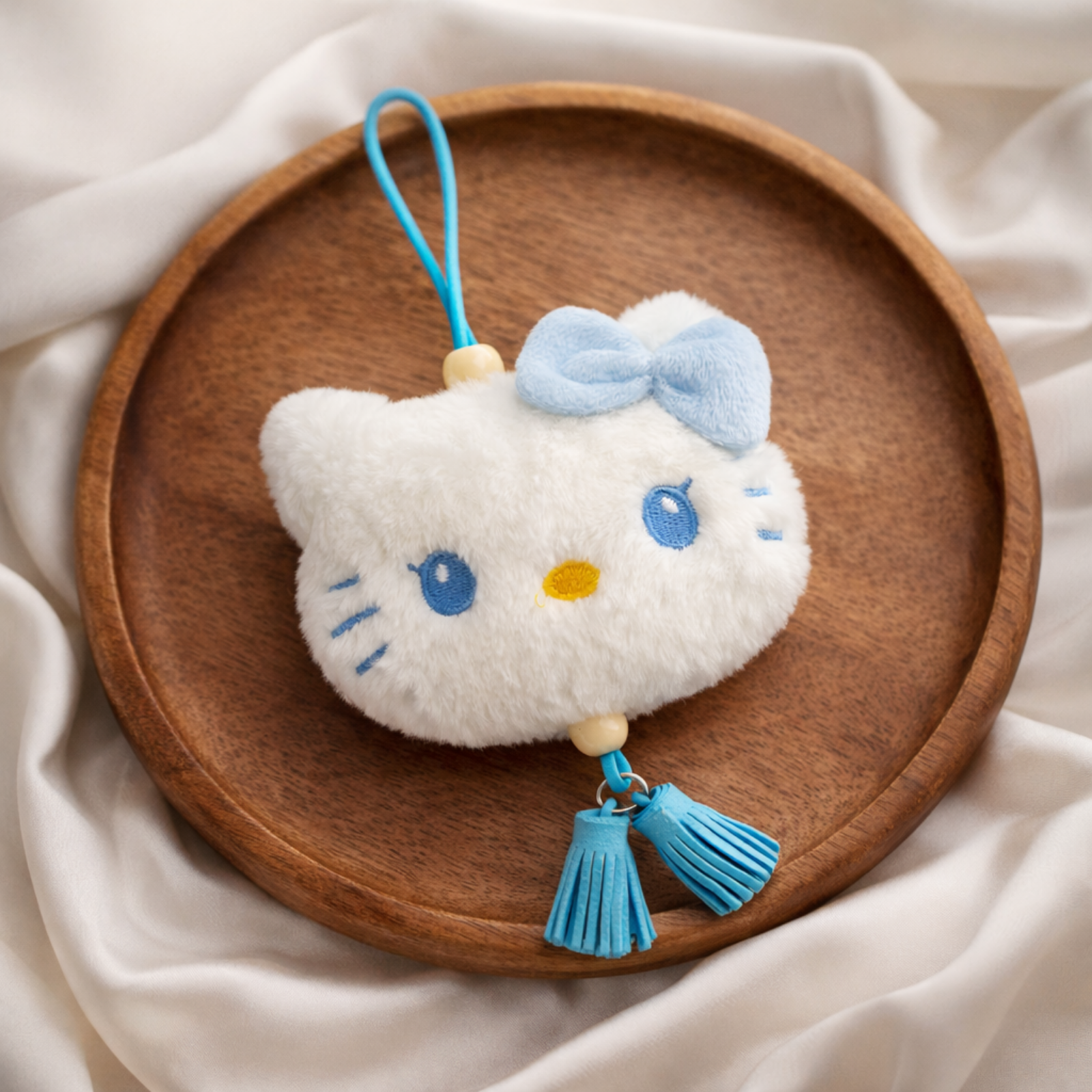 White Kitty Plush Bag Charm with Blue Bow & Tassels