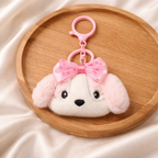 Pink White Puppy Plush Bag Charm with Polka Dot Bow
