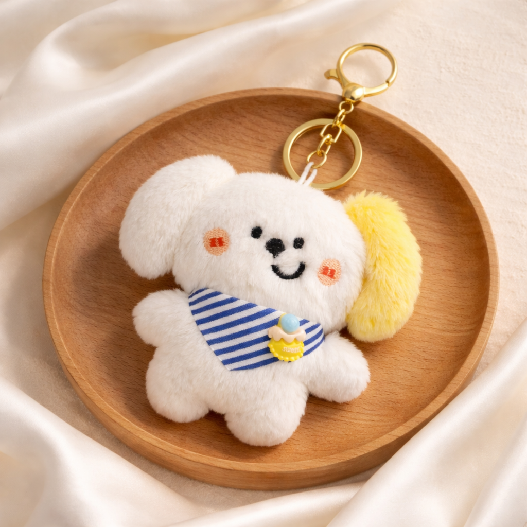 White Dog Plush Bag Charm with Yellow Ear & Bandana
