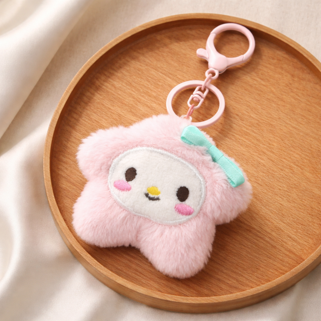 Pink Star Plush Bag Charm with Blue Bow