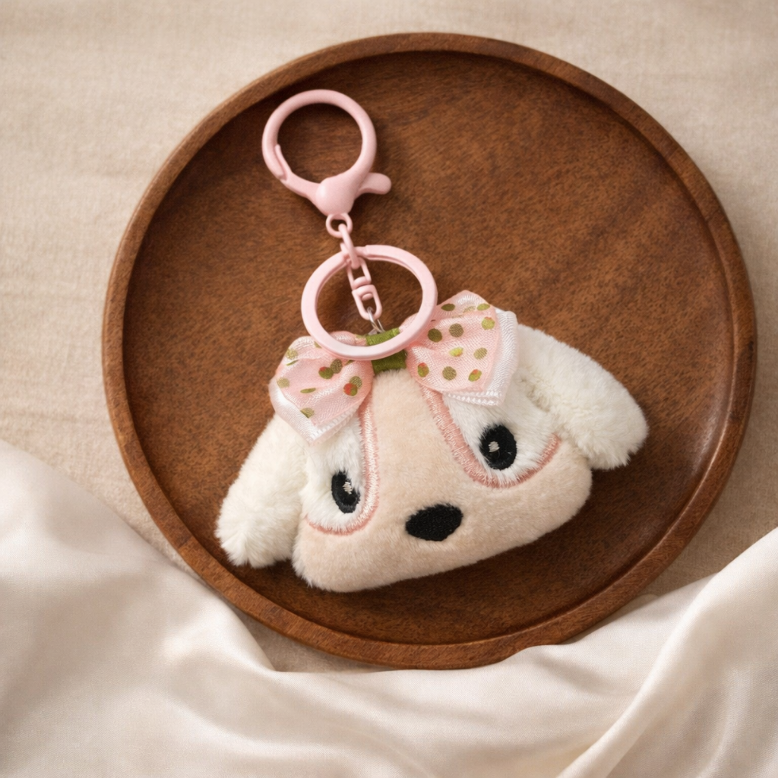 Peach Pink Cream Puppy Plush Bag Charm with Strawberry Bow