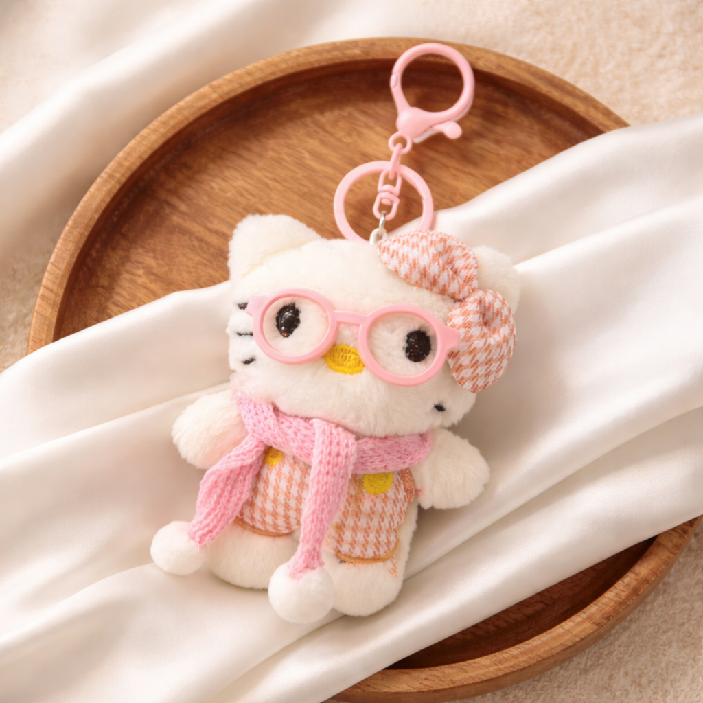 White Cat Plush Bag Charm with a Bow, Glasses & Scarf