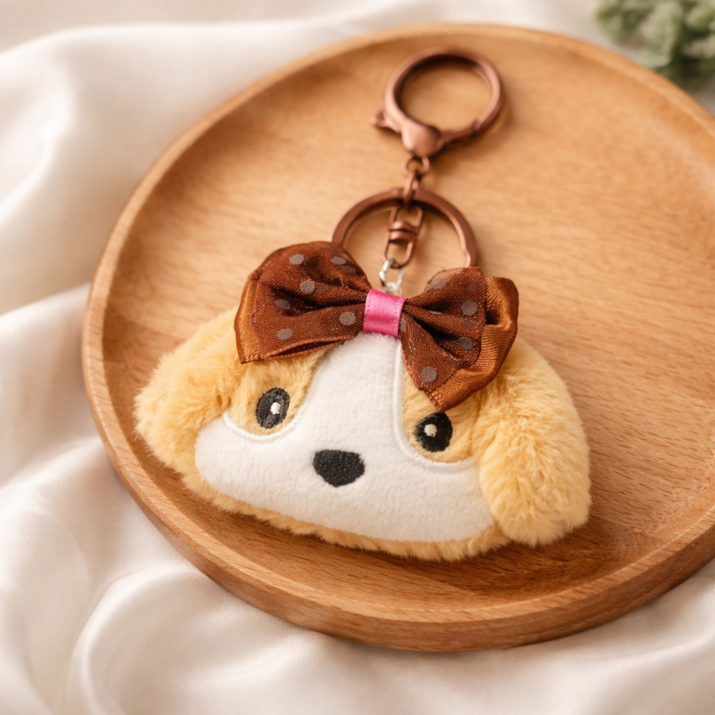 Cream Golden Brown Puppy Plush Bag Charm with Polka Dot Bow