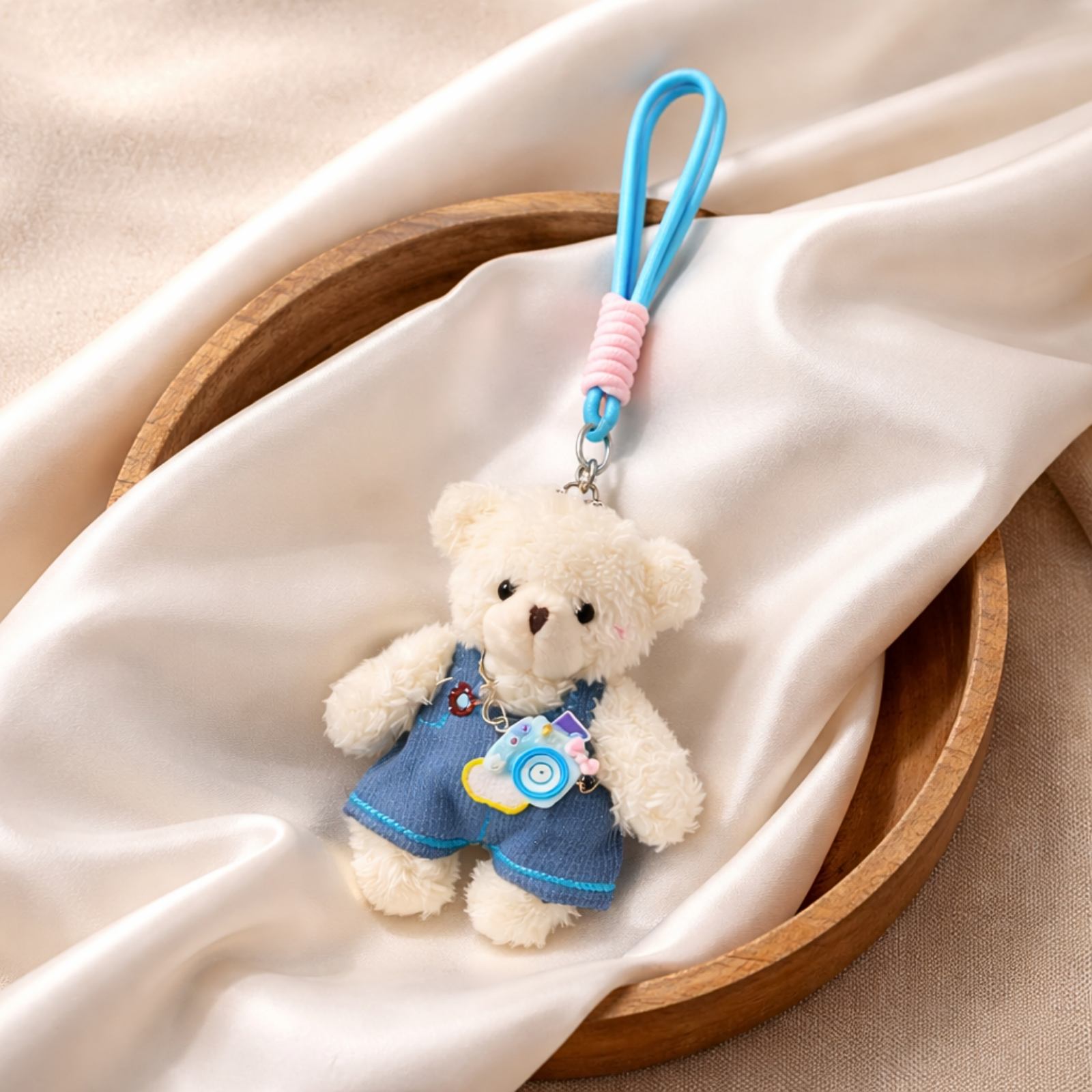 White Teddy Bear Plush Bag Charm with Frock & Mini Camera Charm