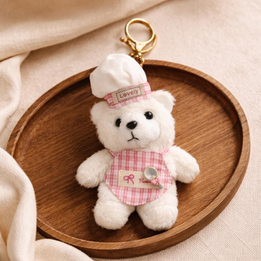 White Chef Teddy Plush Bag Charm with “Lovely” Hat & Check Apron