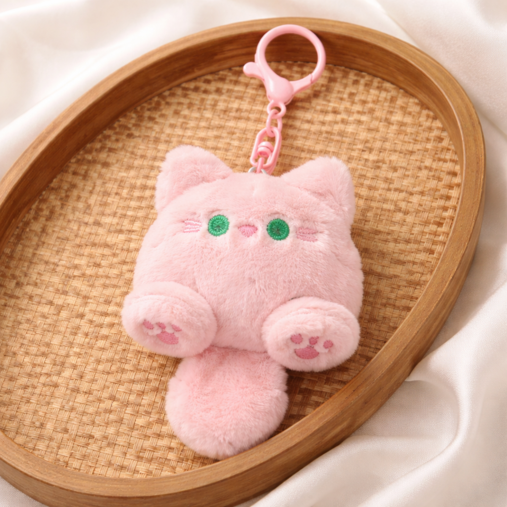 Pink Cat Plush Bag Charm with Green Eyes & Tail