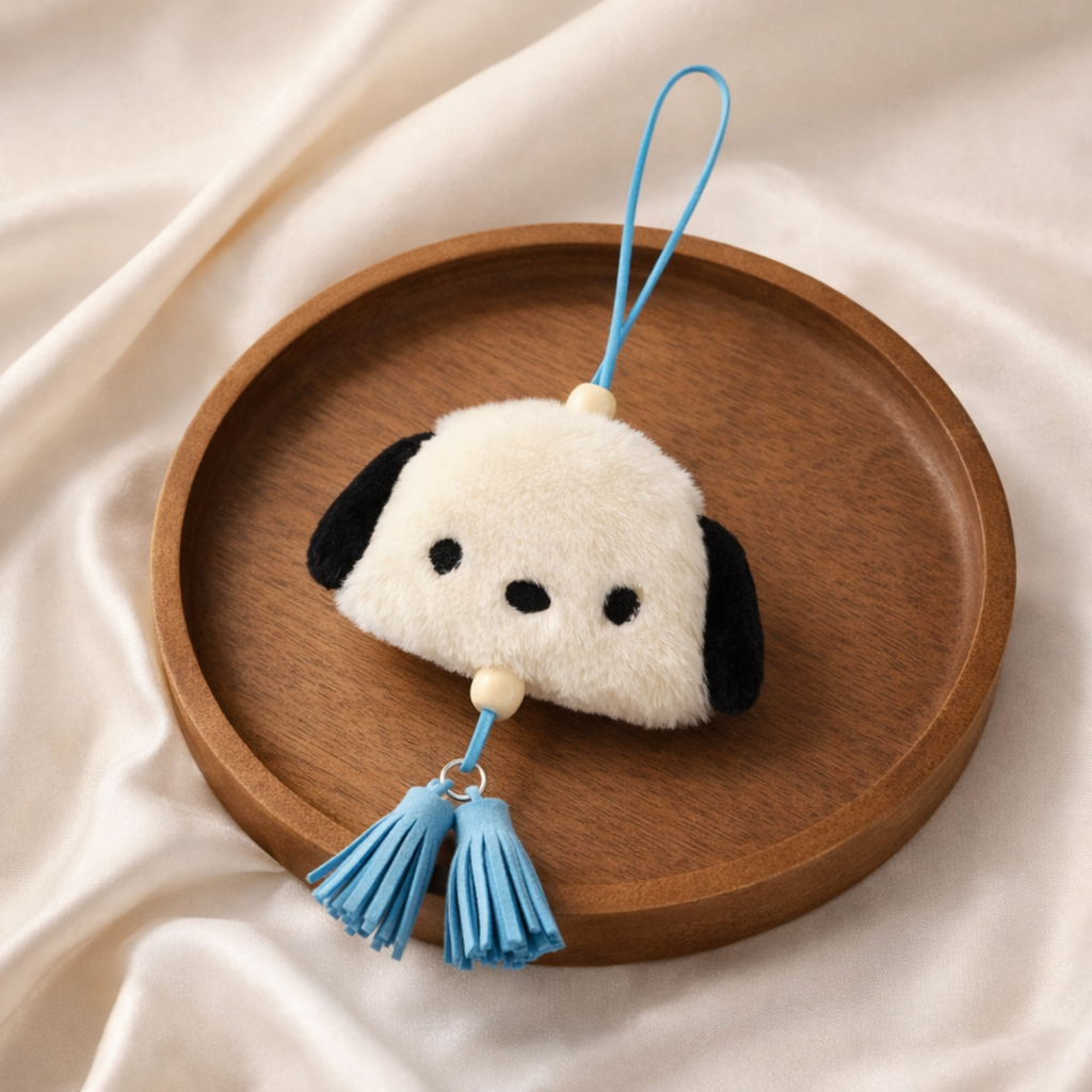 White Puppy Plush Bag Charm with Blue Strap & Tassels