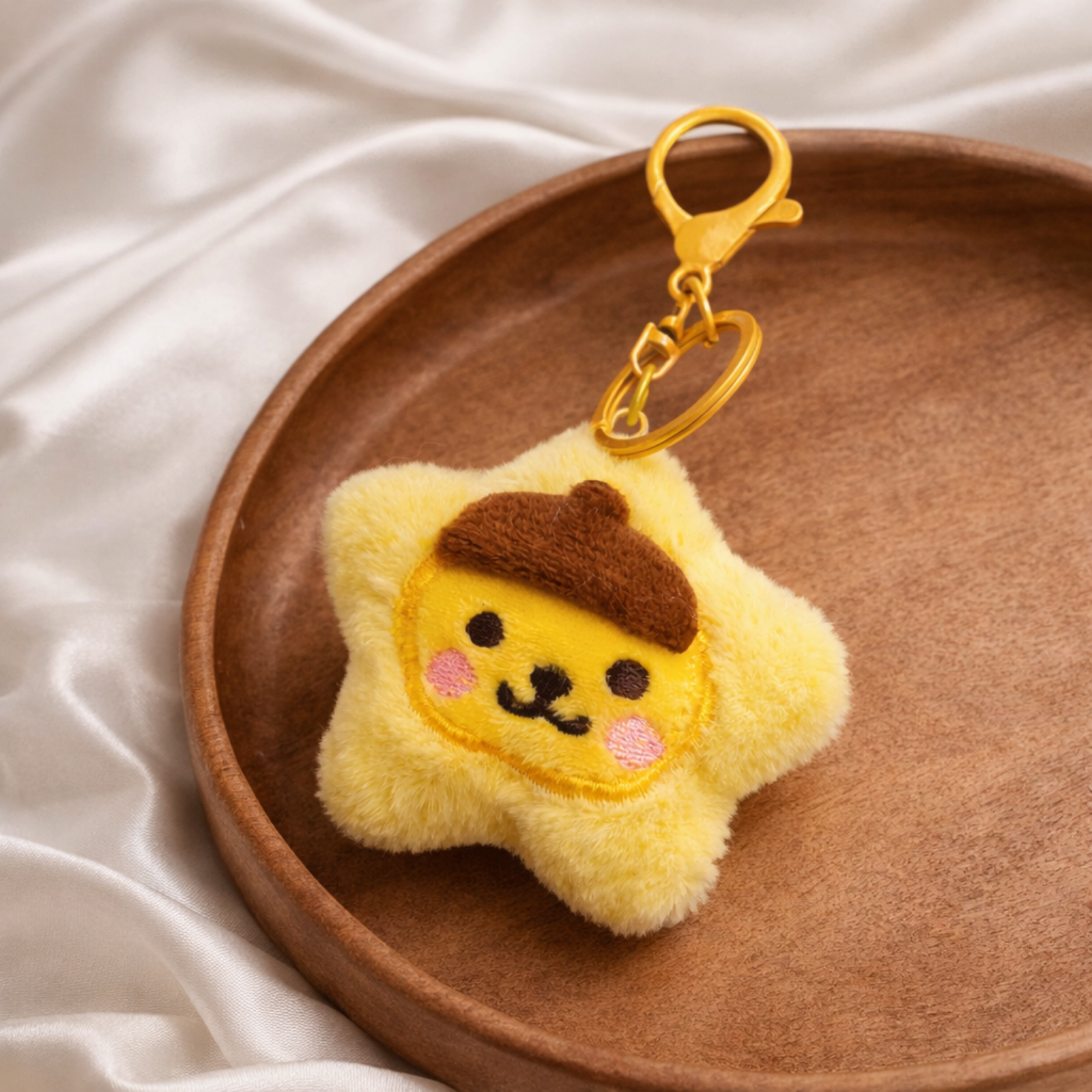 Yellow Star Plush Bag Charm with Brown Cap