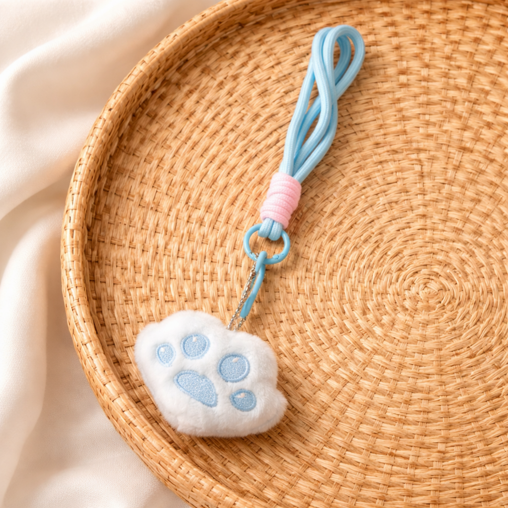 White Plush Paw Bag Charm with Blue Pads & Wrist Strap