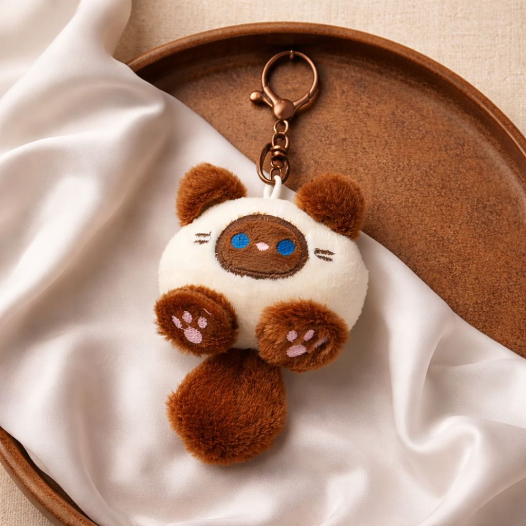Brown & Cream Cat Plush Bag Charm with Pink Paws & Tail