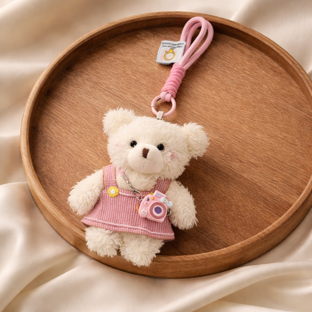 White Teddy Bear Plush Bag Charm with Frock & Mini Camera Charm