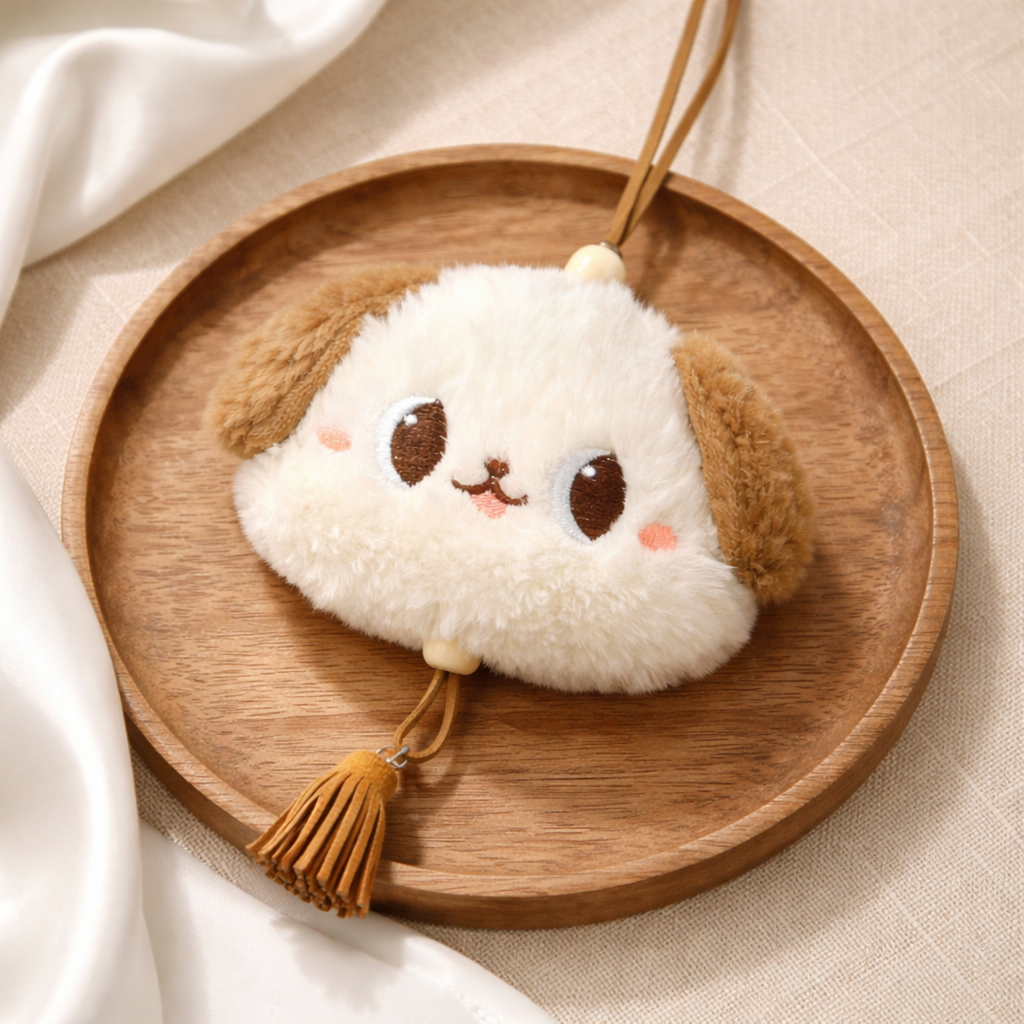 White Puppy Plush Bag Charm with Brown Strap & Tassels