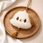 White Puppy Plush Bag Charm with Brown Strap & Tassels