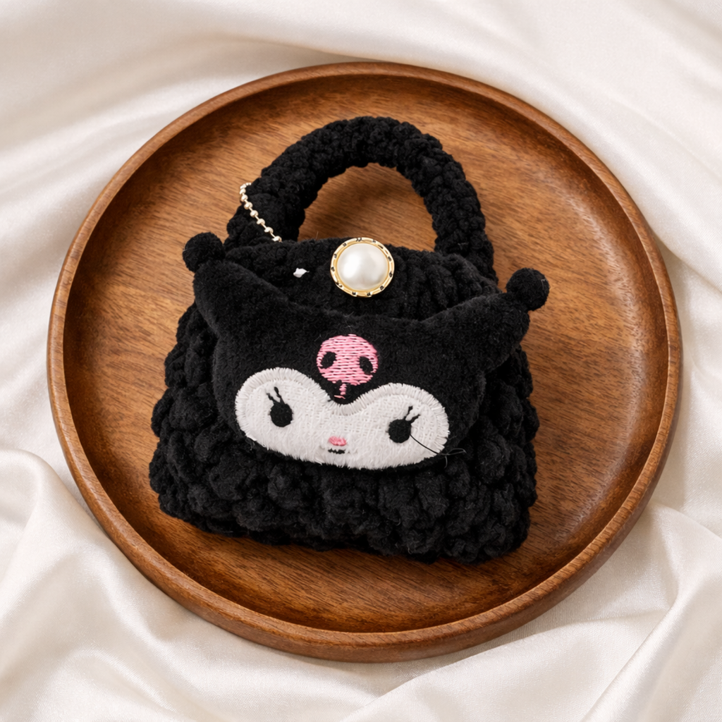 Black Cat Plush Pouch Bag Charm with Crochet Handle