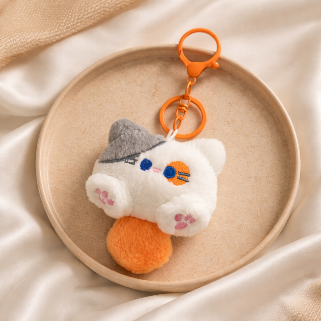 White Cat Plush Bag Charm with Grey Beret & Orange Patch