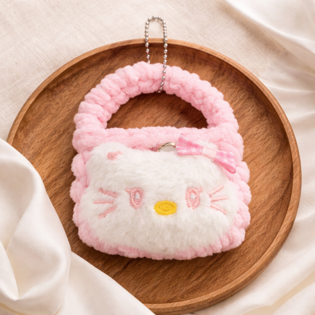 Pink Cat Plush Pouch Bag Charm with Crochet Handle