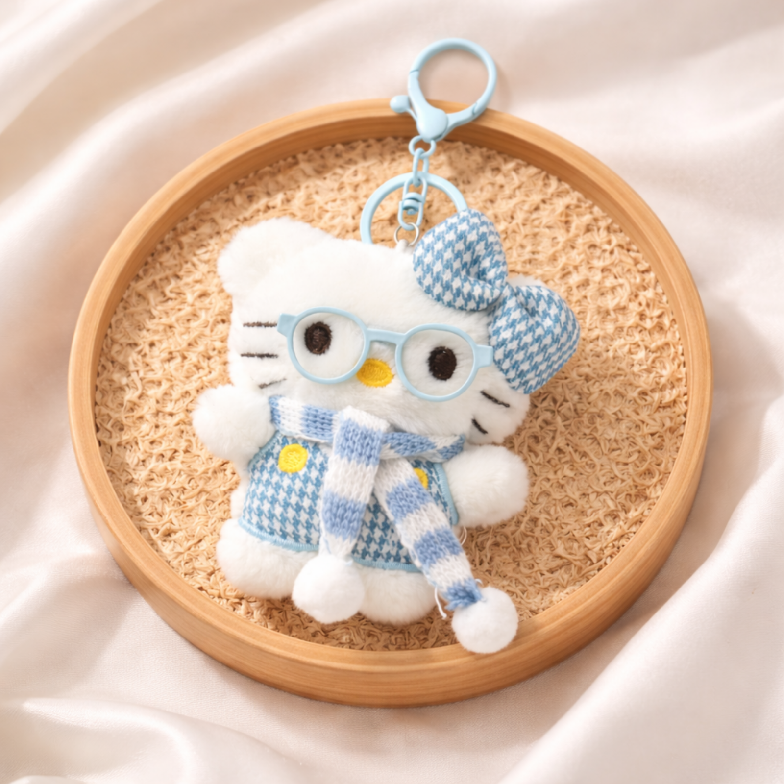 White Cat Plush Bag Charm with a Bow, Glasses & Scarf