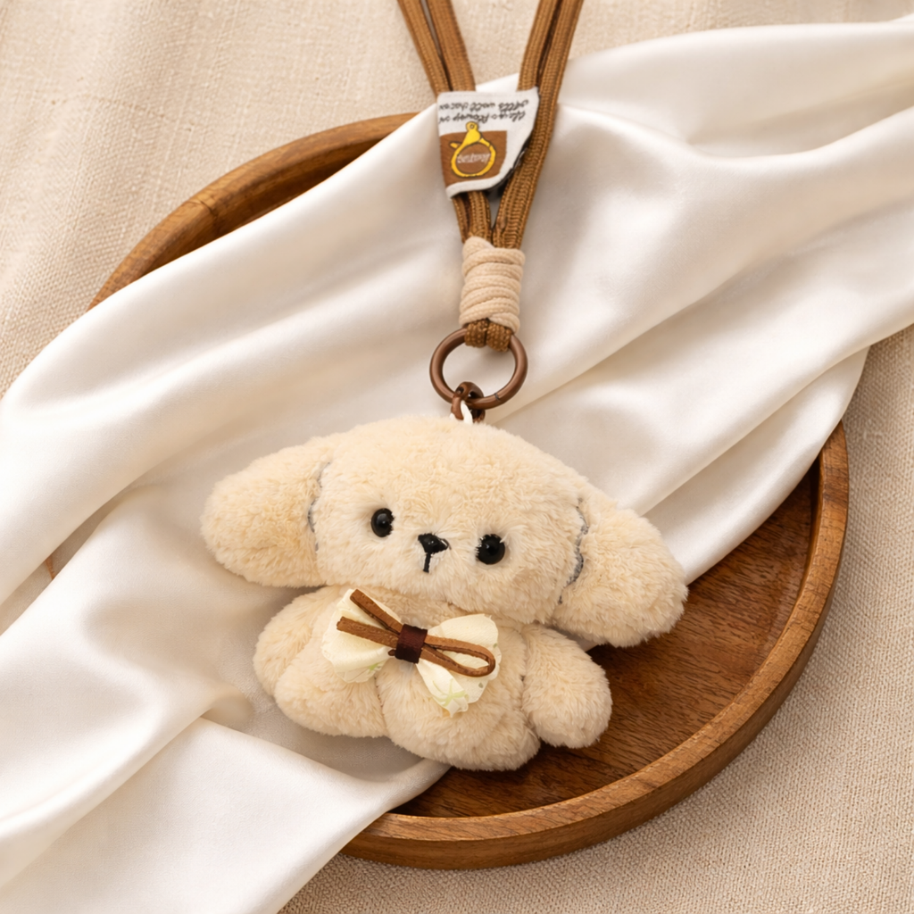 Beige Puppy Plush Bag Charm with Neck Bow