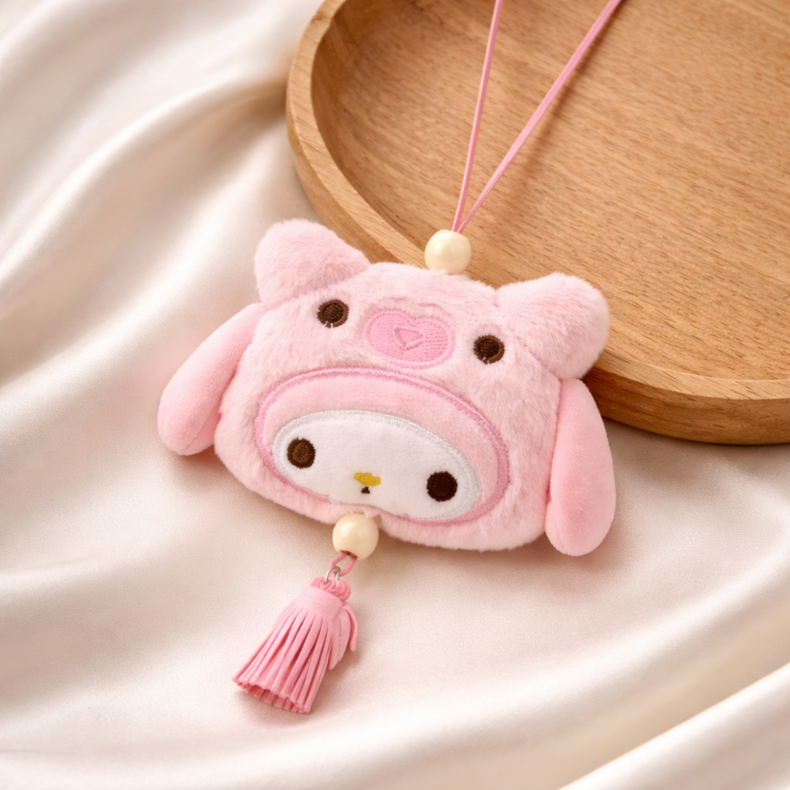 Pink Pig Plush Bag Charm with Strap & Tassels