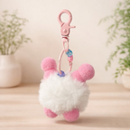 Pink & White Plush Bunny Face Keychain with X Eyes & Red Nose