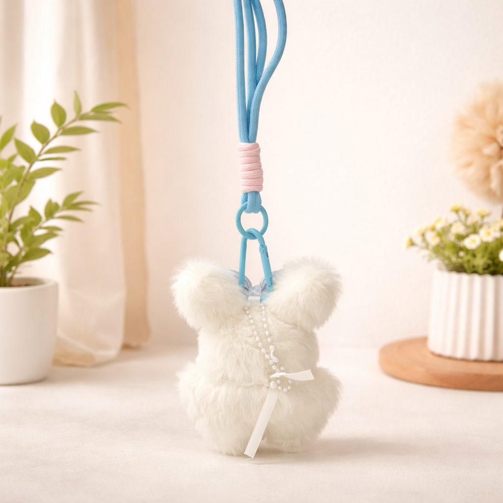 White Teddy Plush Bag Charm with Bow & Checkered Apron