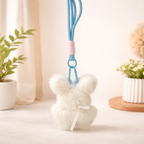 White Teddy Plush Bag Charm with Bow & Checkered Apron