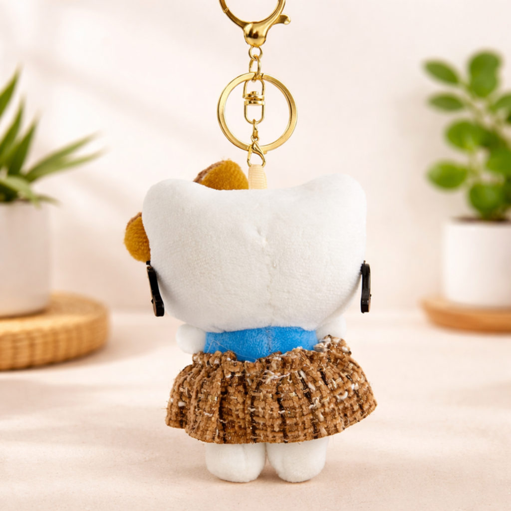White Cat Plush Bag Charm with Glasses, Bow & Dress