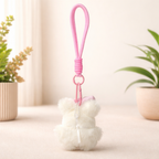 White Teddy Plush Bag Charm with Bow & Checkered Apron