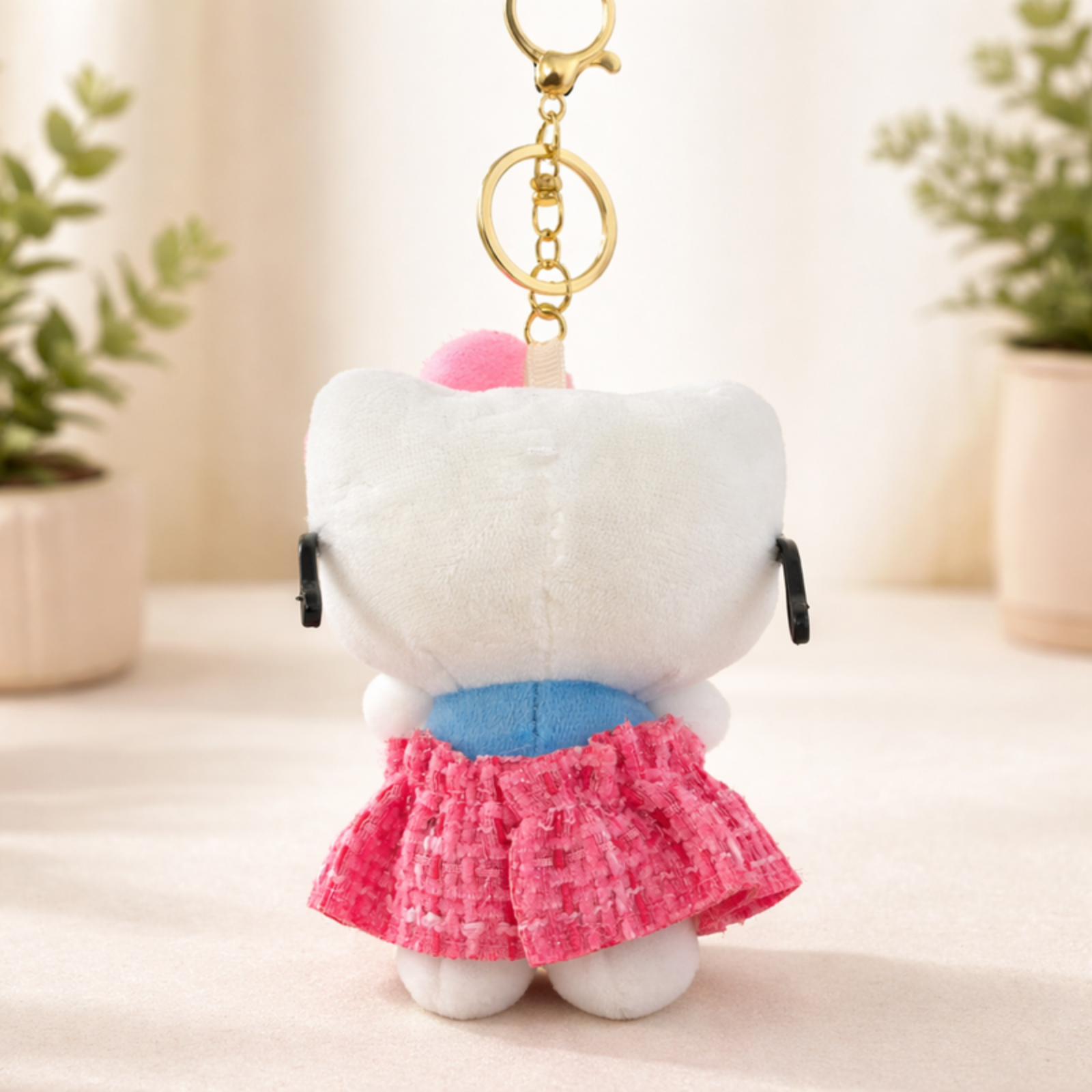 White Cat Plush Bag Charm with Glasses, Bow & Dress