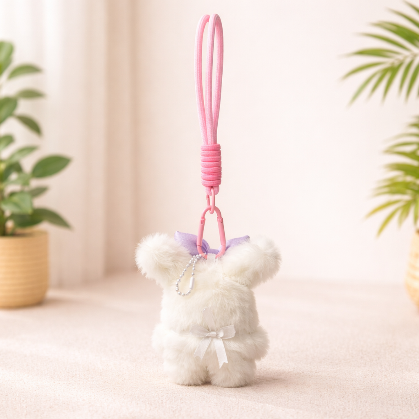 White Teddy Plush Bag Charm with Bow & Checkered Apron