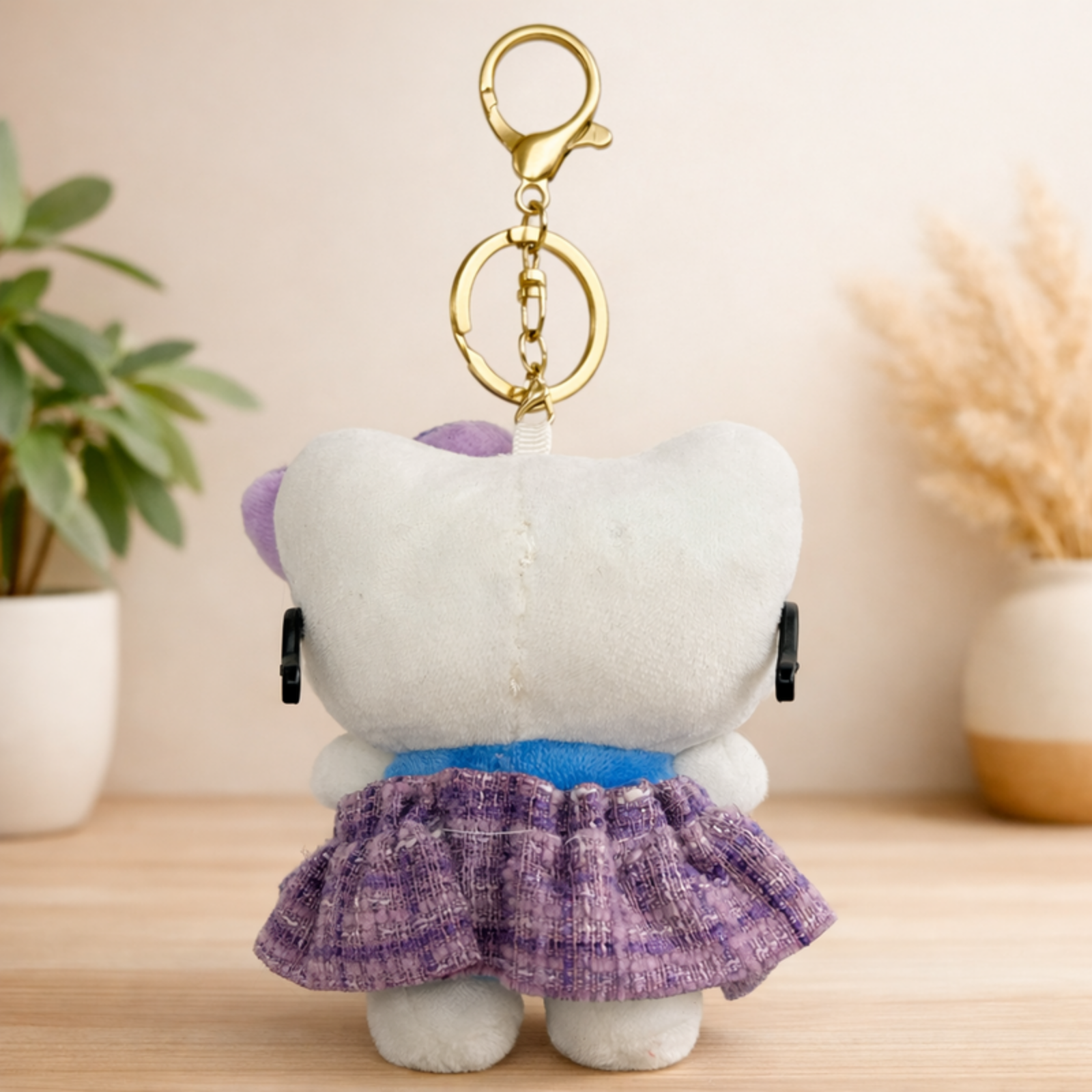 White Cat Plush Bag Charm with Glasses, Bow & Dress