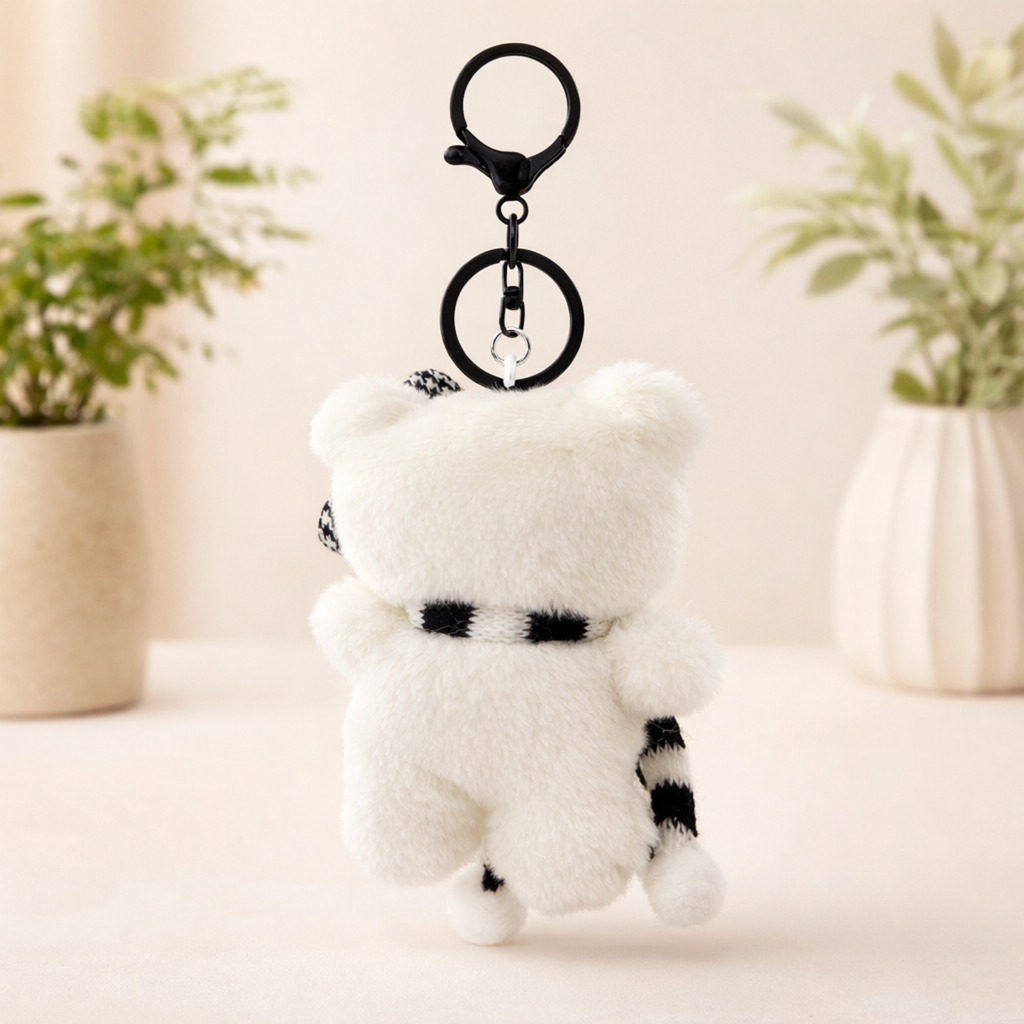 White Cat Plush Bag Charm with a Bow, Glasses & Scarf