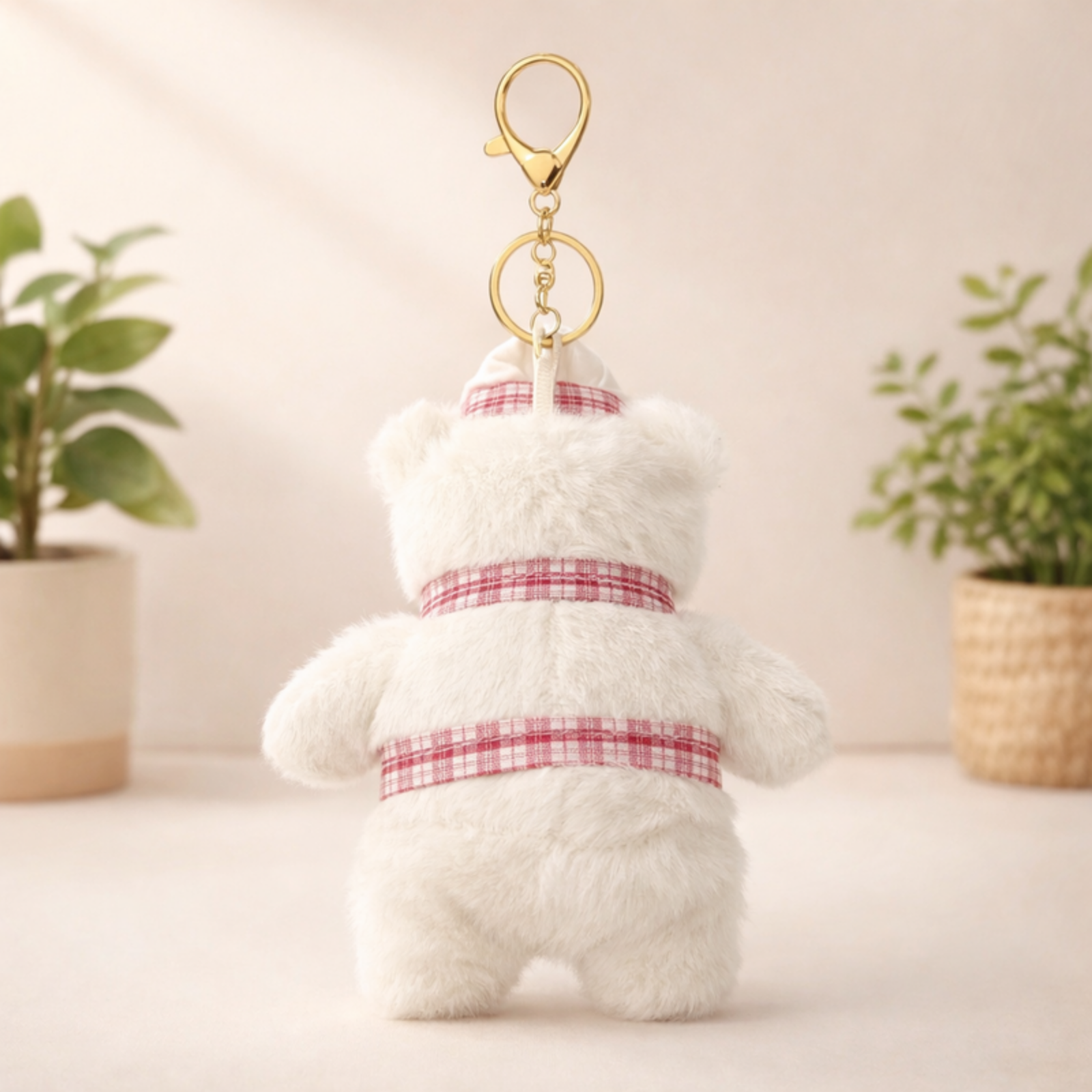 White Chef Teddy Plush Bag Charm with “Lovely” Hat & Check Apron