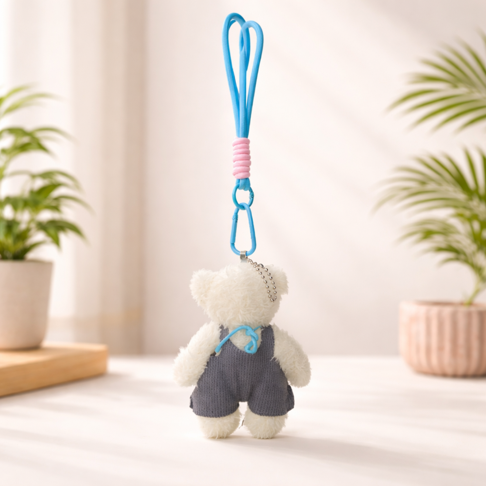 White Teddy Bear Plush Bag Charm with Frock & Mini Camera Charm