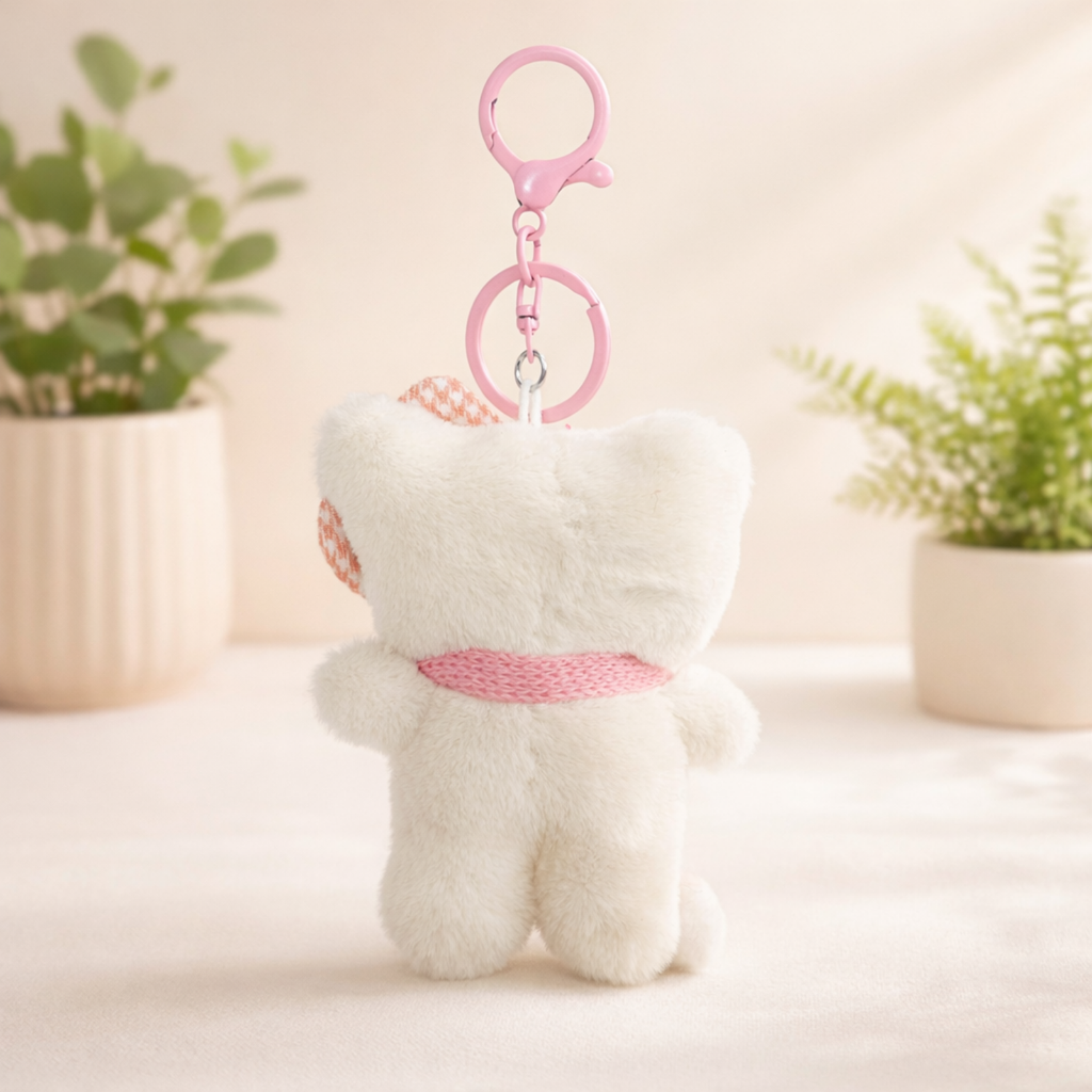 White Cat Plush Bag Charm with a Bow, Glasses & Scarf