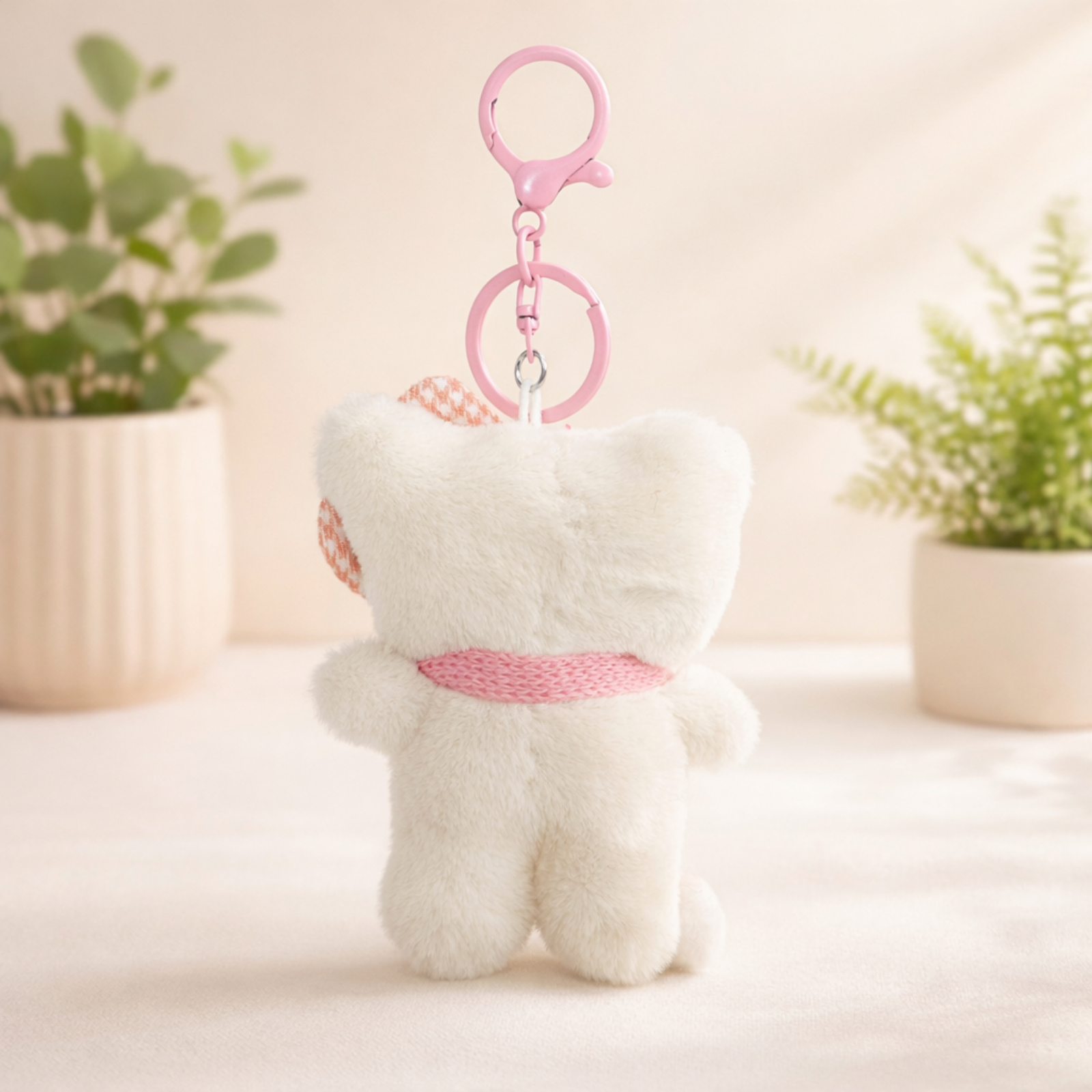White Cat Plush Bag Charm with a Bow, Glasses & Scarf
