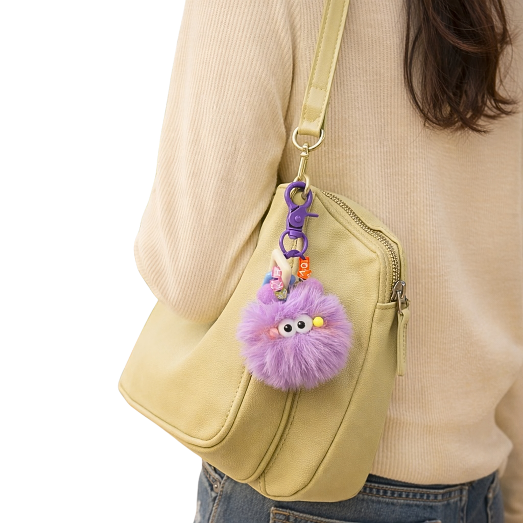 Lavender Fluffy Plush Pom Pom Keychain with Big Eyes & Colorful Beads