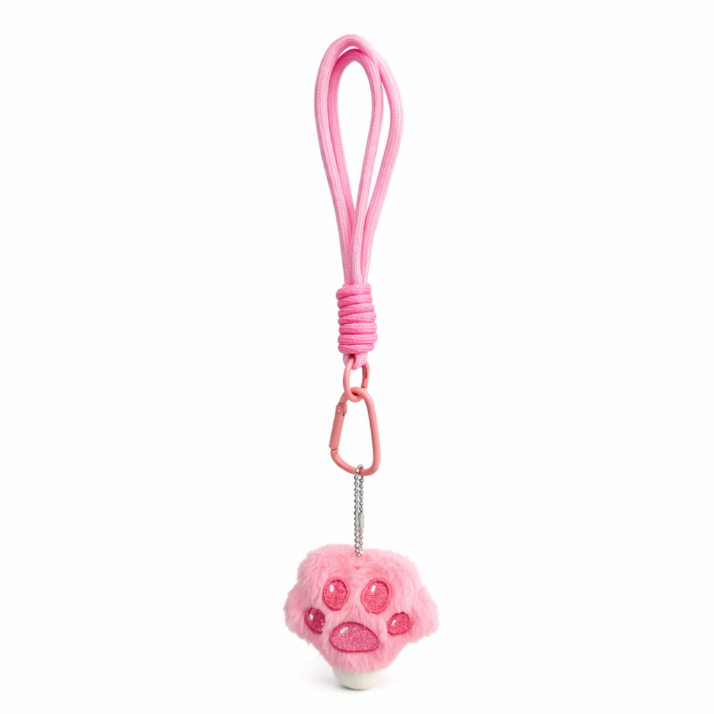 Pink Plush Paw Bag Charm with Embroidered Pads & Wrist Strap